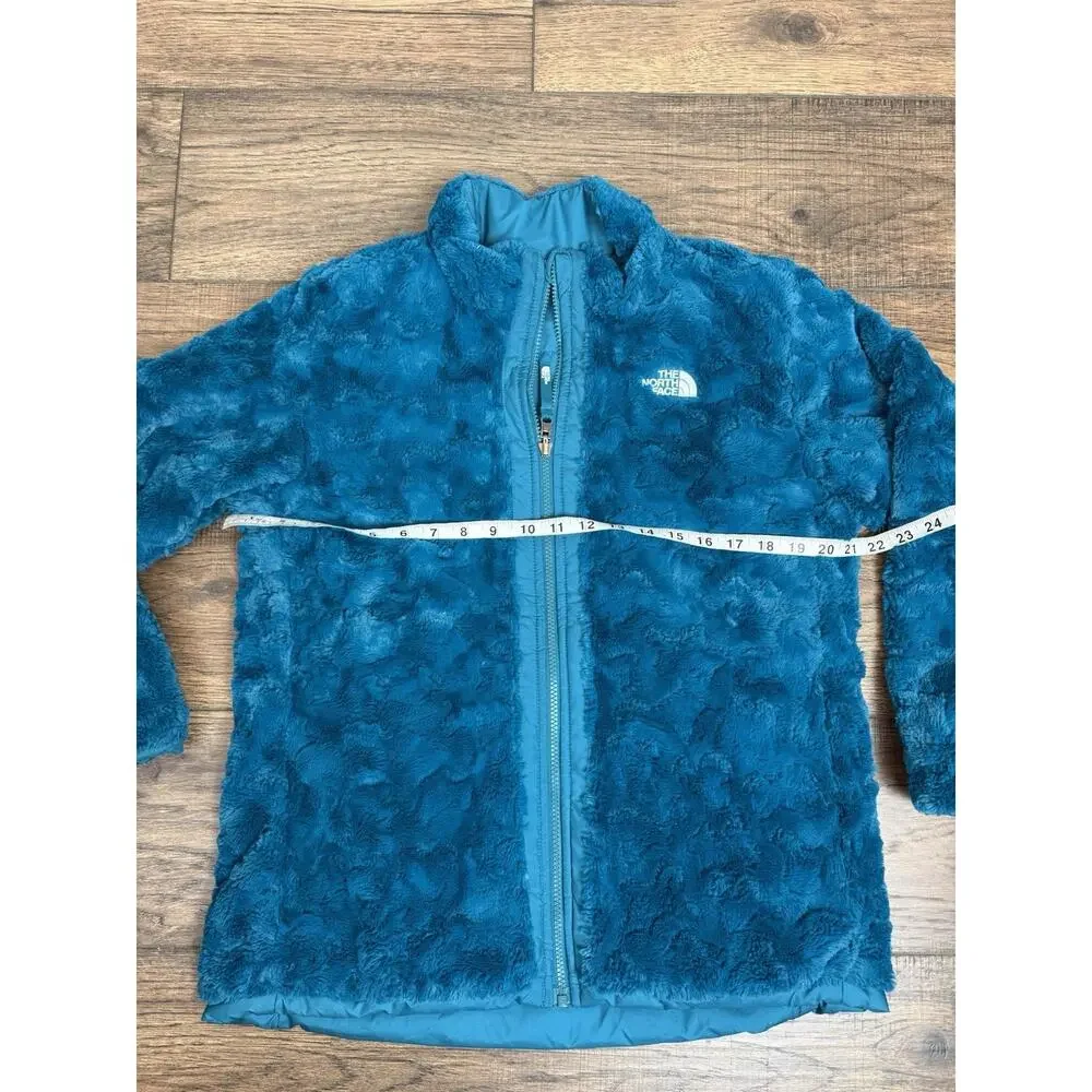 Girls The North Face Mossbud Faux Fur Coat Youth XL Reversible Teal Blue Sz 18